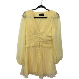 Asos Design Button Through Ruched Waist Pleated‎ Mini Dress Yellow Women's US 6